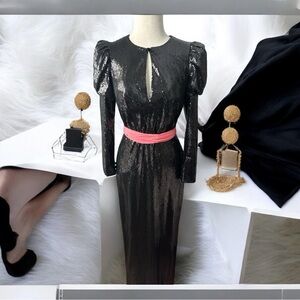 Monique Lhuillier Sequin Gown Women's Size 4 Black Long Sleeve Sparkling‎ Maxi